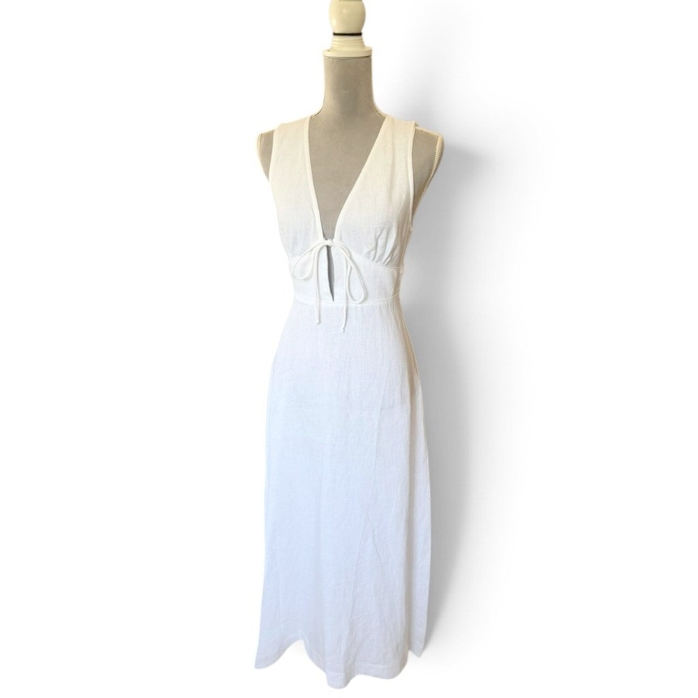 Casa Raki Maxi Dress White Linen Deep V-Neck Tie Front Sleeveless
